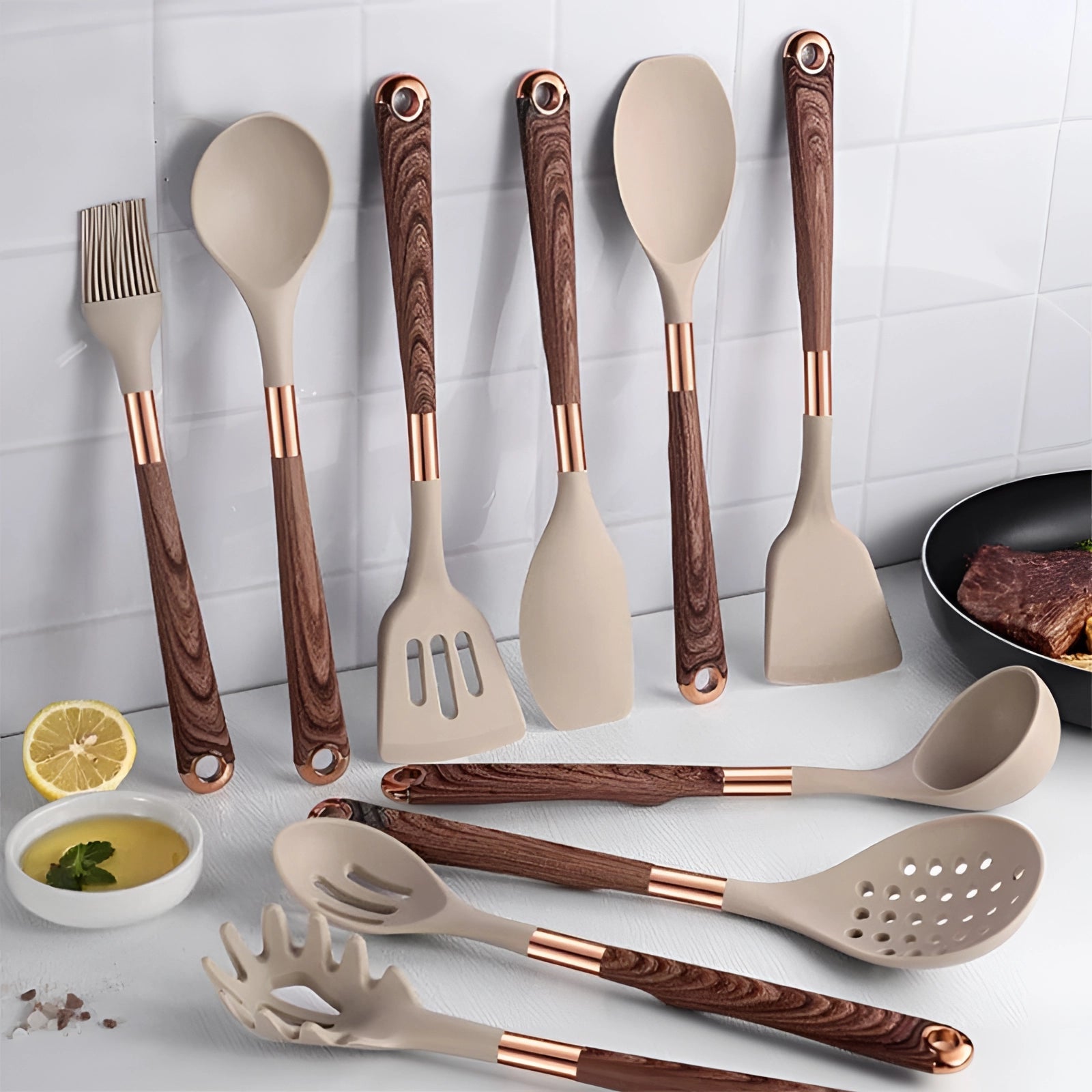 Luxury Kitchen Utensils Set - Copper & Wood Handles, Silicone Tools