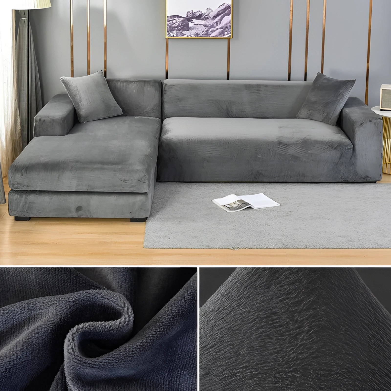 Modern Velvet Sectional Sofa - Grey Chaise Lounge, Luxury Furniture