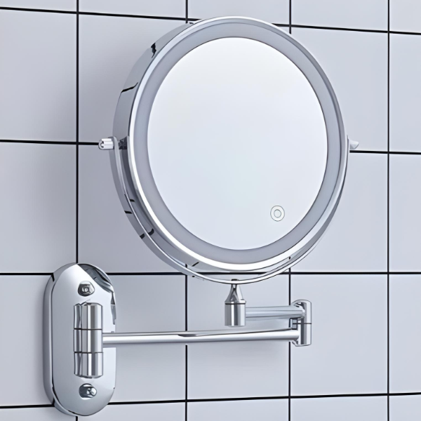 Espejo de aumento LED recargable plateado cromado para maquillaje y baño