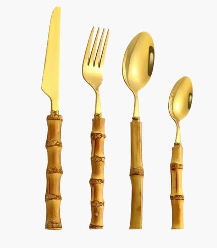 24 Pc Natural Bamboo Handle Cutlery Set Stainless Steel Flatware