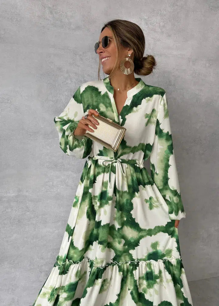 Clara – green, long-sleeved maxic dress with v-neckline