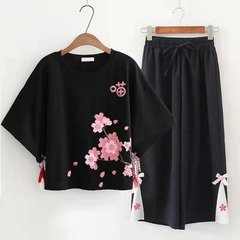 Kawaii Sakura Print Tassel T-Shirt Pants Two Piece Set