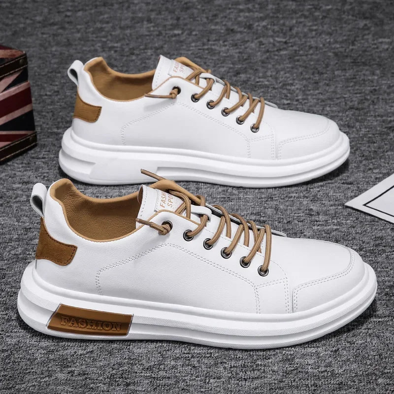 Witte heren sneakers met bruine accenten - Leon