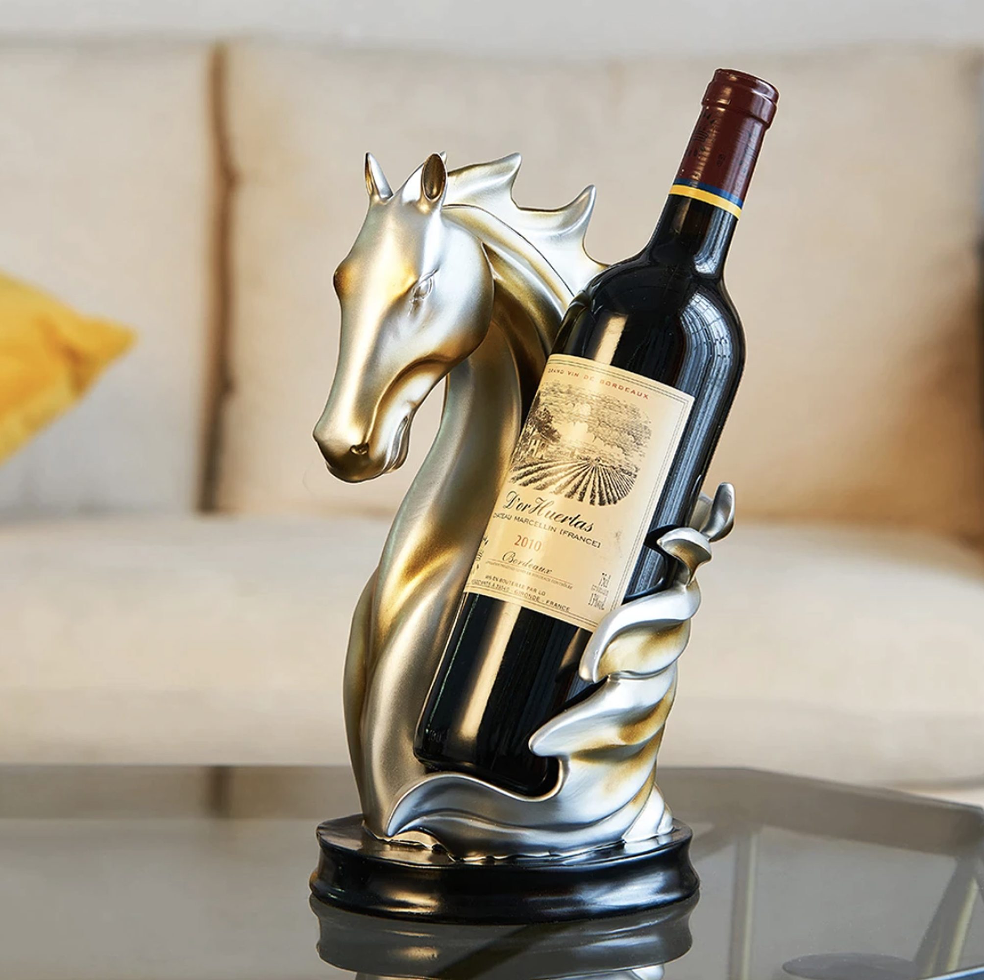 Portabotellas de vino con forma de caballo dorado o azul