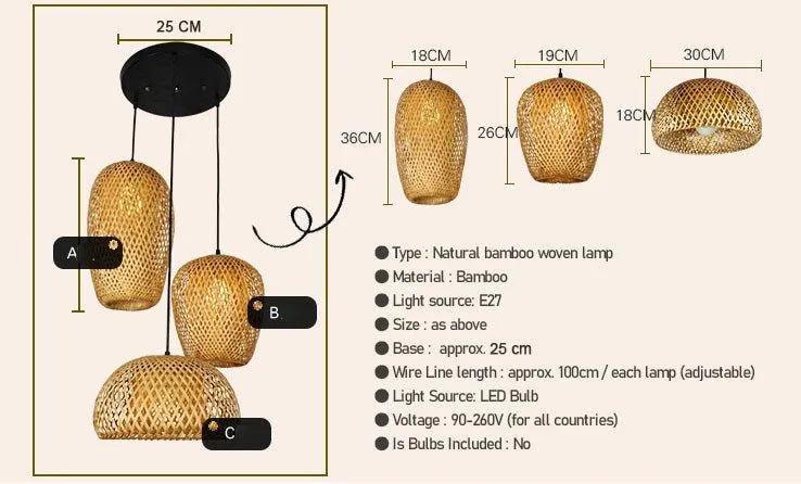 Bambusová závěsná stropní lampa 3 kusy │ Ručně vyráběné dřevěné ratanové osvětlení pro domácí dekoraci