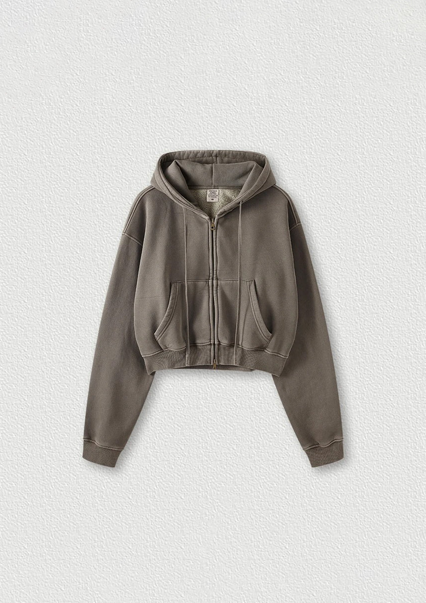 Gewaschenes Vintage Cropped Zip Hoodie