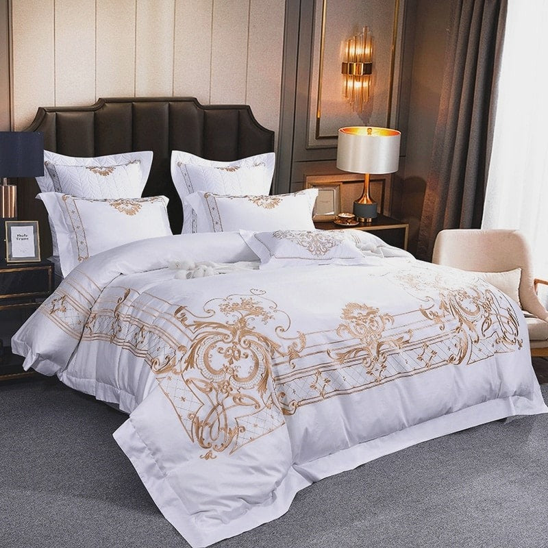 Set biancheria da letto con ricamo in cotone egiziano bianco DeLuxxe