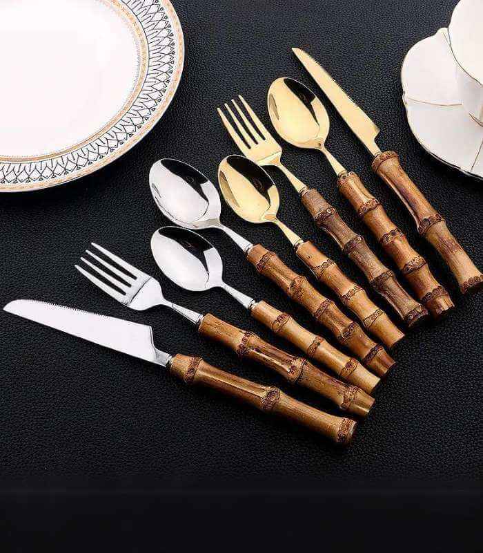 24 Pc Natural Bamboo Handle Cutlery Set Stainless Steel Flatware