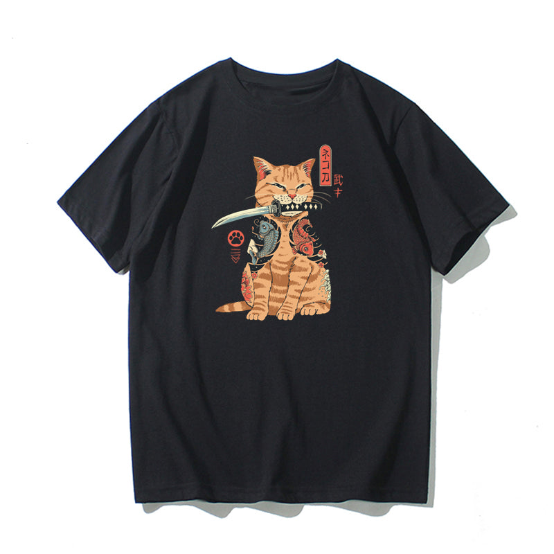 Samurai Katana Orange Cat T-skjorte