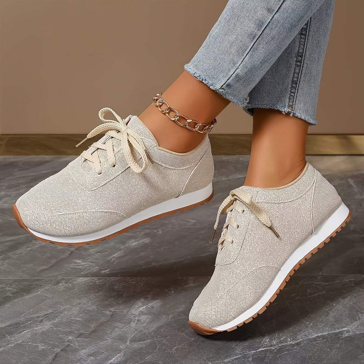 Baskets aspect lin beige - Chaussures Nora