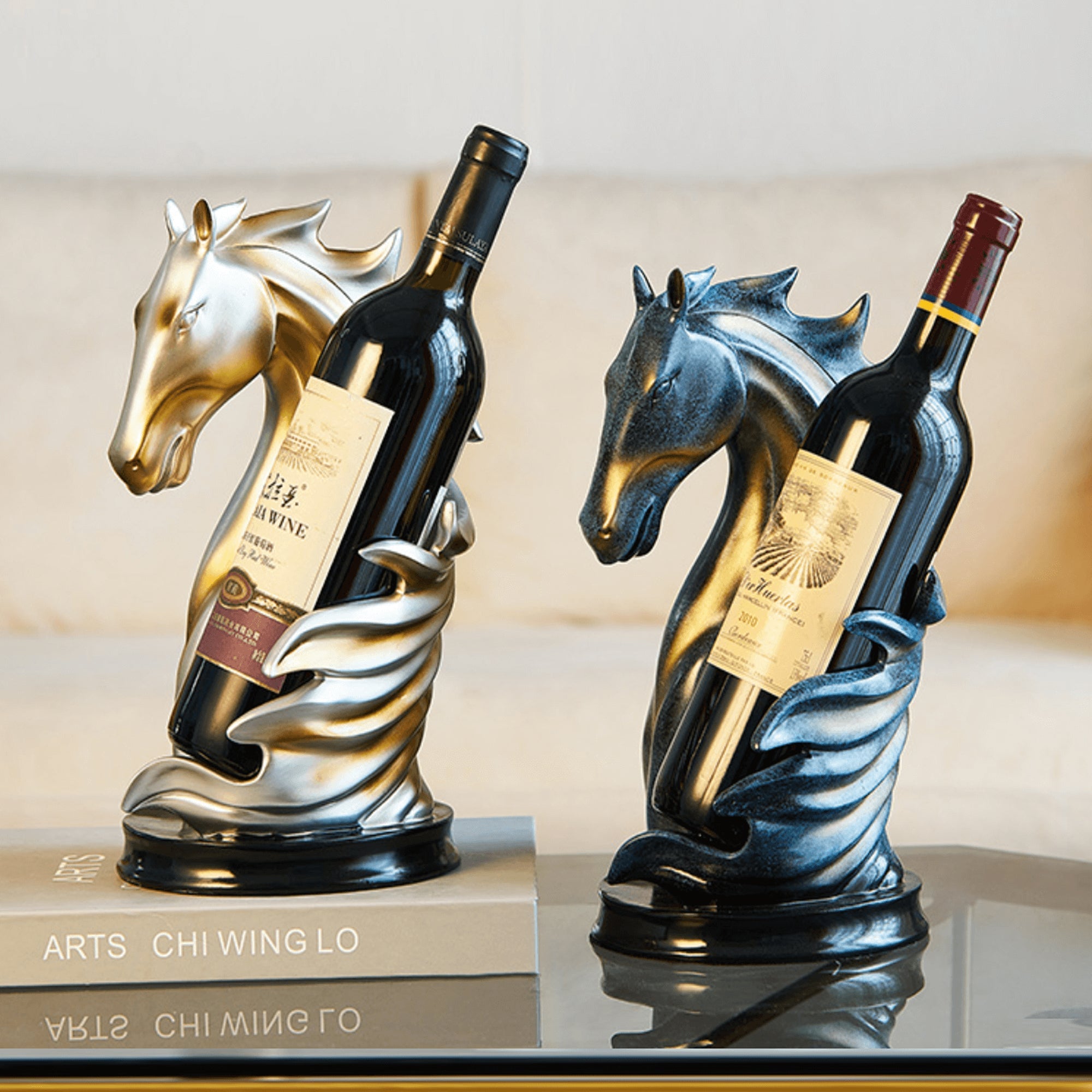 Portabotellas de vino con forma de caballo dorado o azul