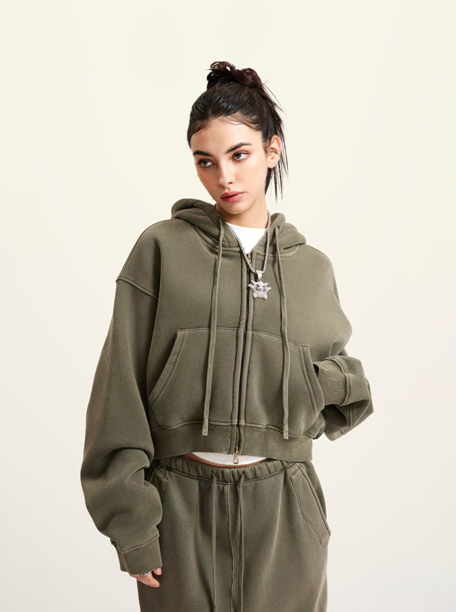 Gewaschenes Vintage Cropped Zip Hoodie