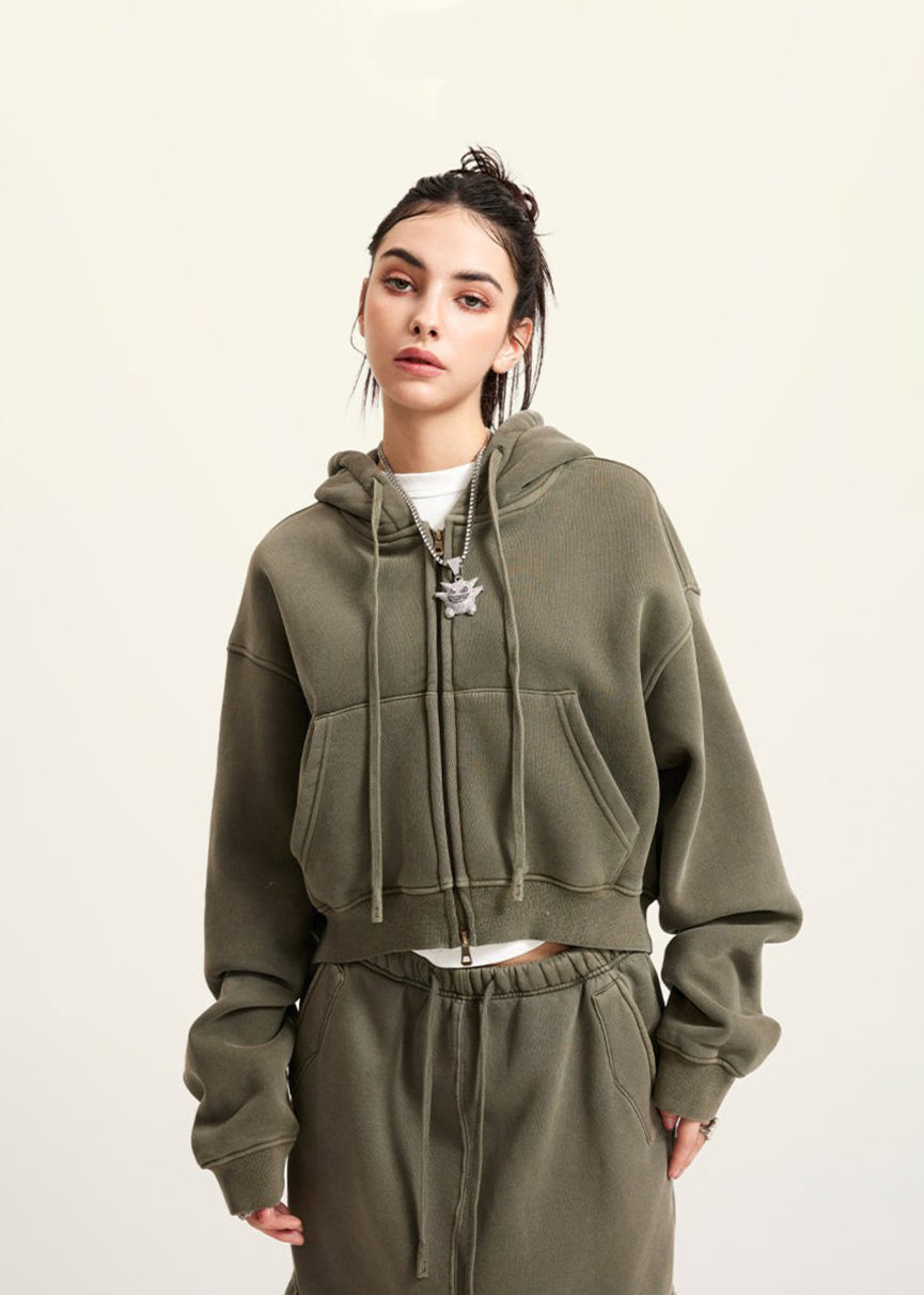 Gewaschenes Vintage Cropped Zip Hoodie