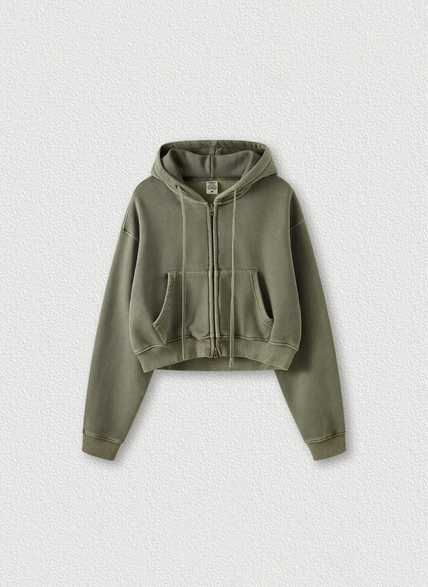 Gewaschenes Vintage Cropped Zip Hoodie