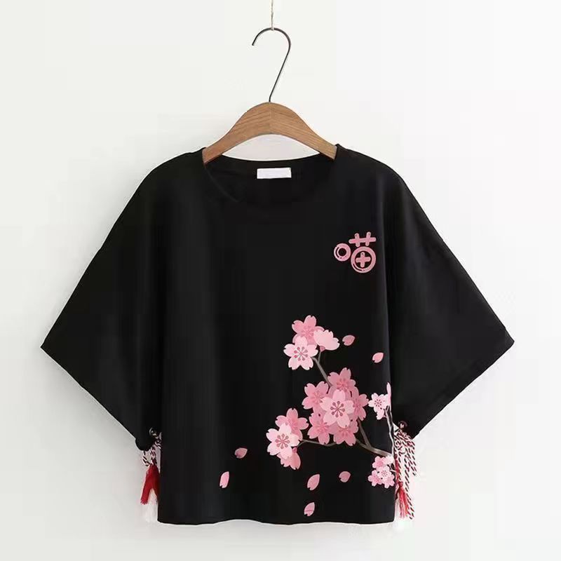 Kawaii Sakura Print kvast T-shirt bukser i to dele