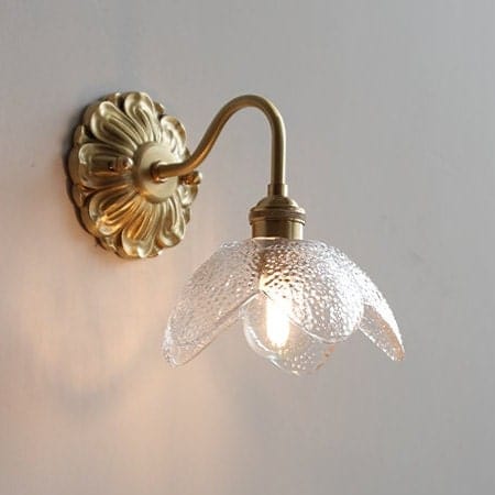 Seeded Glass Lotus Flower Wall Light with Brushed Brass Carved Flower Lamp Fixture - Bulb Included