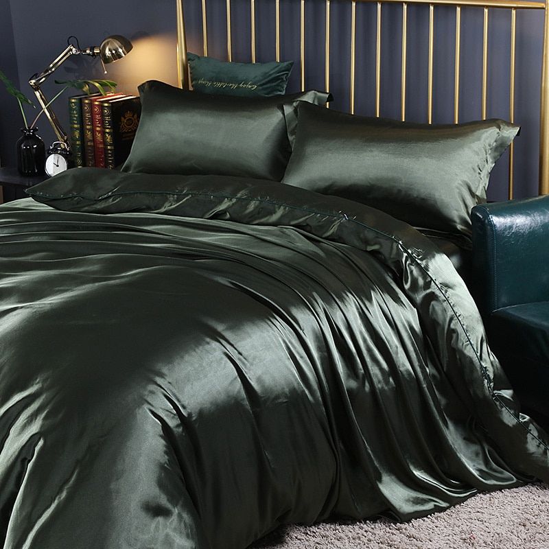 Parure de lit luxe (4 pièces), linge de lit en soie/satin, housse de couette, 2 taies d'oreiller et drap