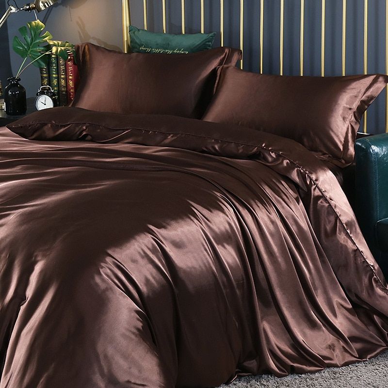 Parure de lit luxe (4 pièces), linge de lit en soie/satin, housse de couette, 2 taies d'oreiller et drap