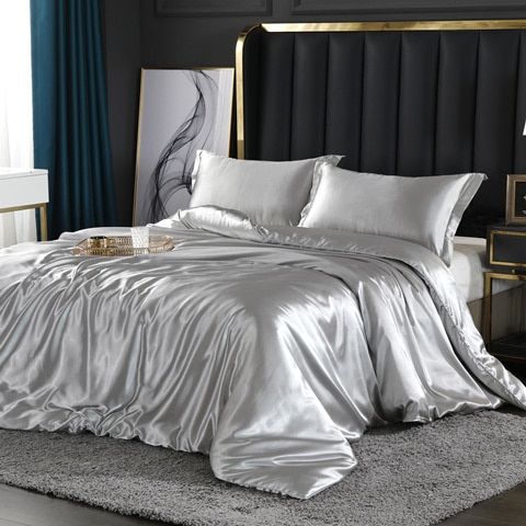 Parure de lit luxe (4 pièces), linge de lit en soie/satin, housse de couette, 2 taies d'oreiller et drap