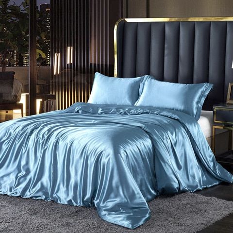 Parure de lit luxe (4 pièces), linge de lit en soie/satin, housse de couette, 2 taies d'oreiller et drap