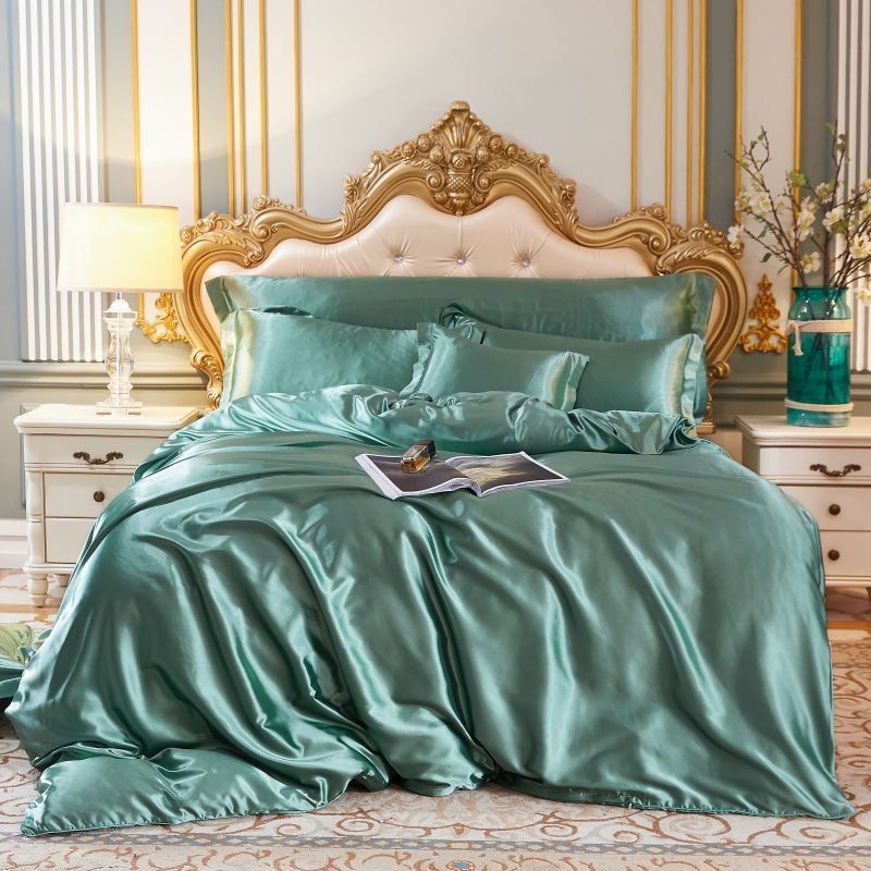 Parure de lit luxe (4 pièces), linge de lit en soie/satin, housse de couette, 2 taies d'oreiller et drap