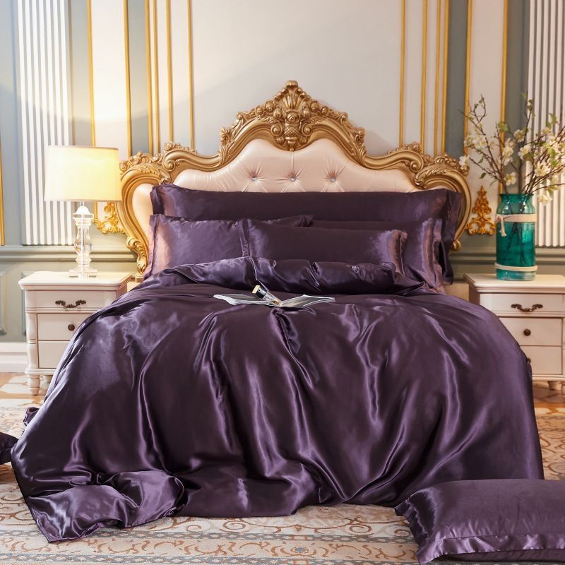 Parure de lit luxe (4 pièces), linge de lit en soie/satin, housse de couette, 2 taies d'oreiller et drap