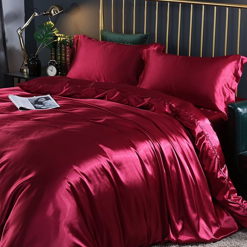 Parure de lit luxe (4 pièces), linge de lit en soie/satin, housse de couette, 2 taies d'oreiller et drap