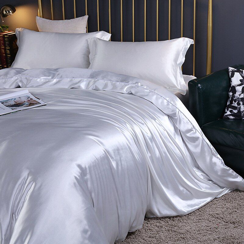 Parure de lit luxe (4 pièces), linge de lit en soie/satin, housse de couette, 2 taies d'oreiller et drap