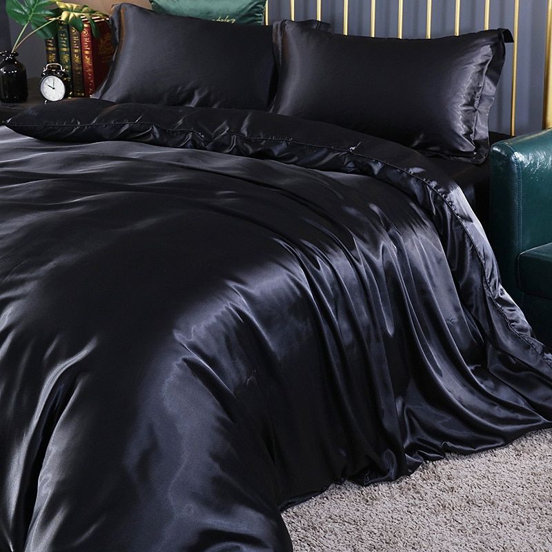 Parure de lit luxe (4 pièces), linge de lit en soie/satin, housse de couette, 2 taies d'oreiller et drap