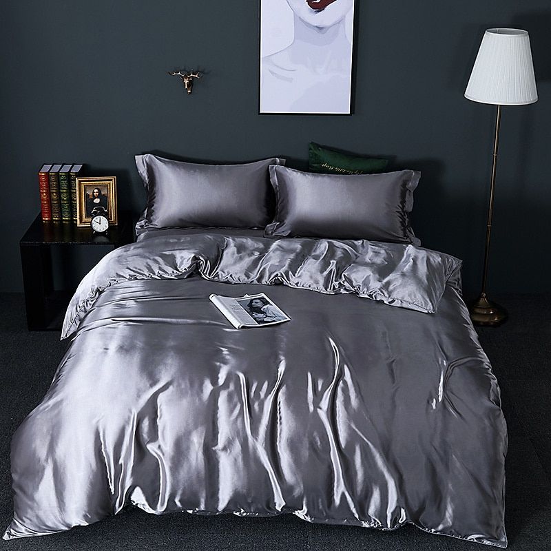 Parure de lit luxe (4 pièces), linge de lit en soie/satin, housse de couette, 2 taies d'oreiller et drap