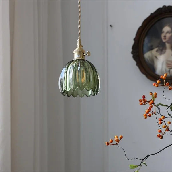 Lampe à suspension japonaise rétro en verre avec fleur