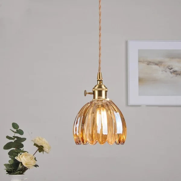 Lampe à suspension japonaise rétro en verre avec fleur