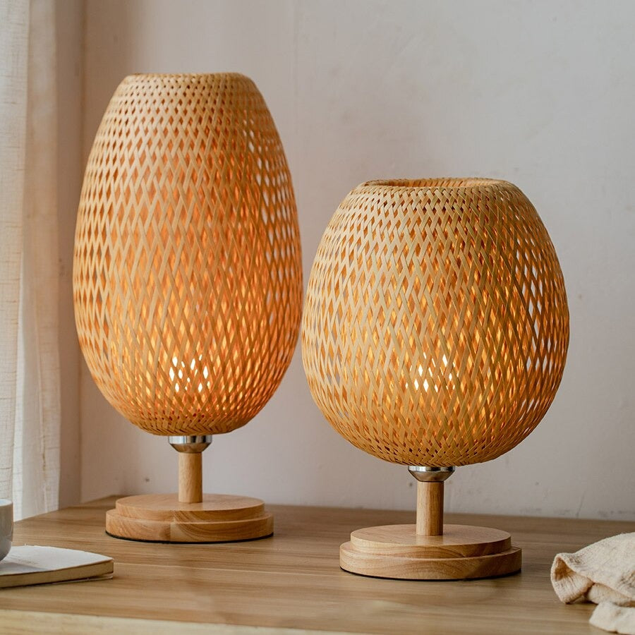 Woven bamboo bedside lamp