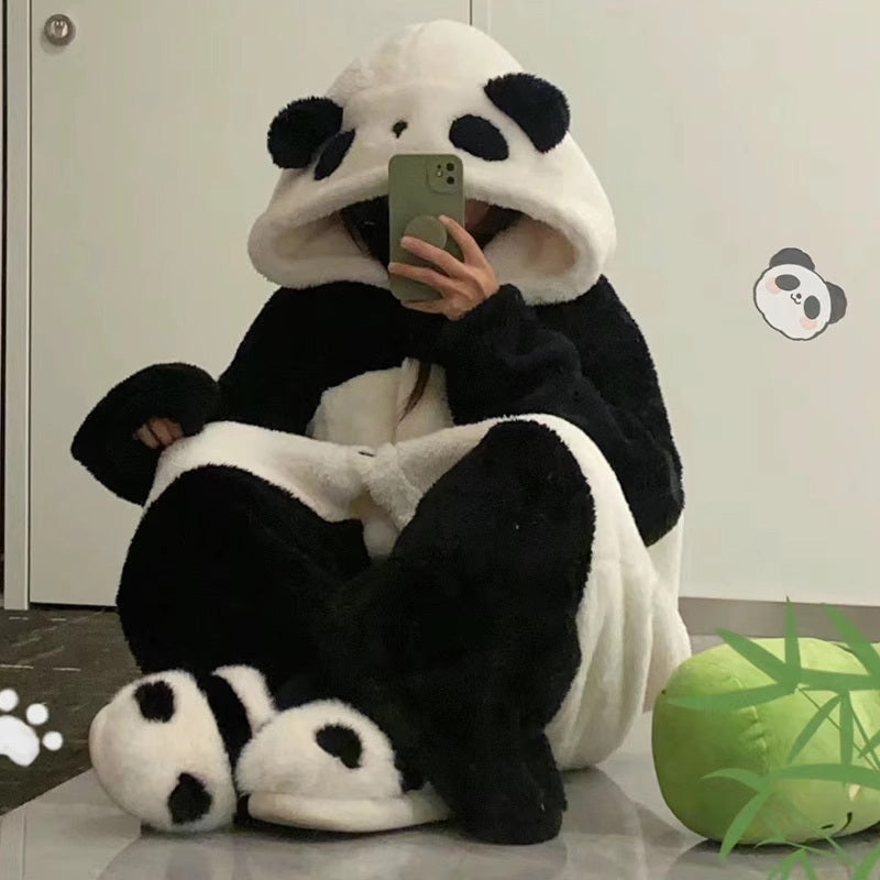 Kawaii Cartoon Panda Plysch Hood Pyjamas Set