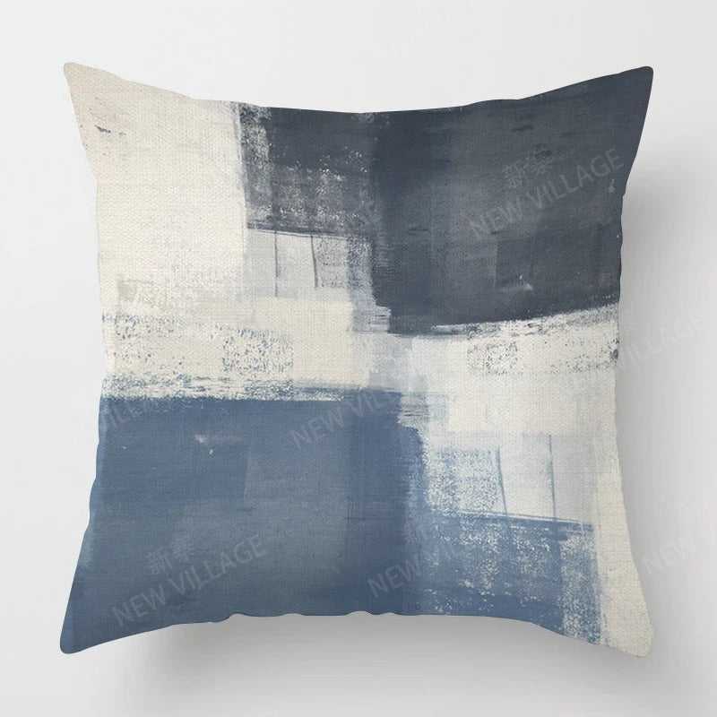 Housse de Coussin en Lin Tricolore – Bleu, Gris et Blanc