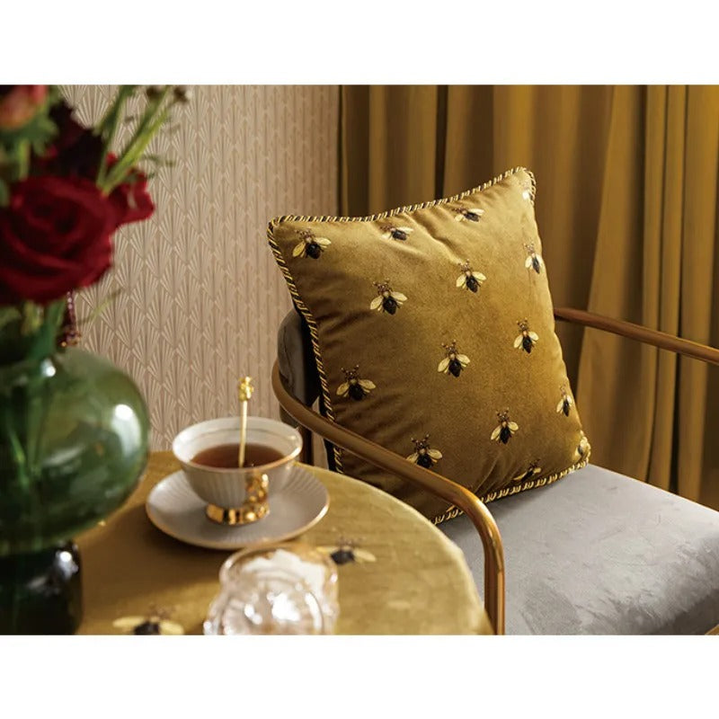 Retro Gold Cushion Cover – Luxury European Art Style with Bee Print