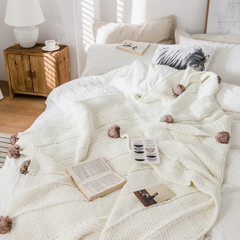 Chunky Knit Chenille Blanket with Cute Pom Poms