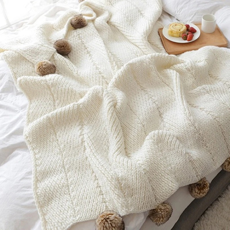 Chunky Knit Chenille Blanket with Cute Pom Poms