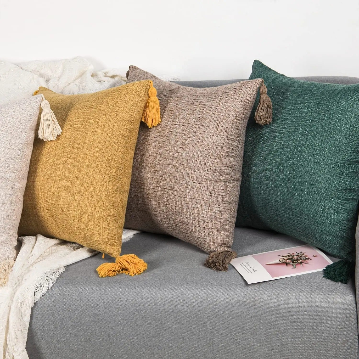 Housse de coussin en lin avec pompons – Pour canapé et chambre