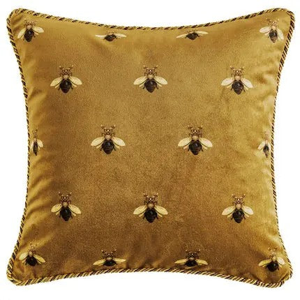 Housse de coussin rétro dorée – Style artistique européen de luxe avec imprimé abeille