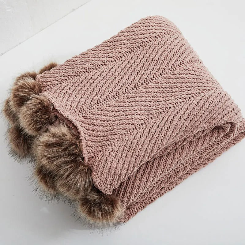 Chunky Knit Chenille Blanket with Cute Pom Poms