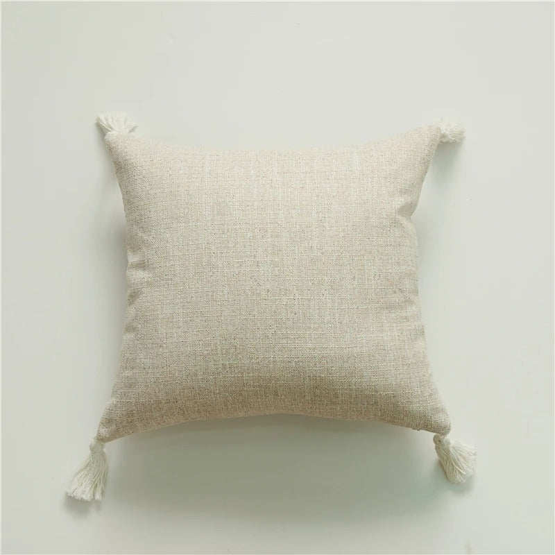 Housse de coussin en lin avec pompons – Pour canapé et chambre