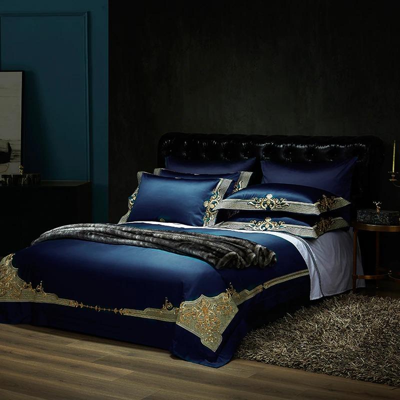 Midnight Blue Golden Jacquard Duvet Cover Set