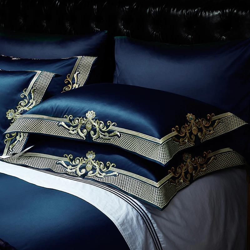 Parure de lit en jacquard doré bleu nuit