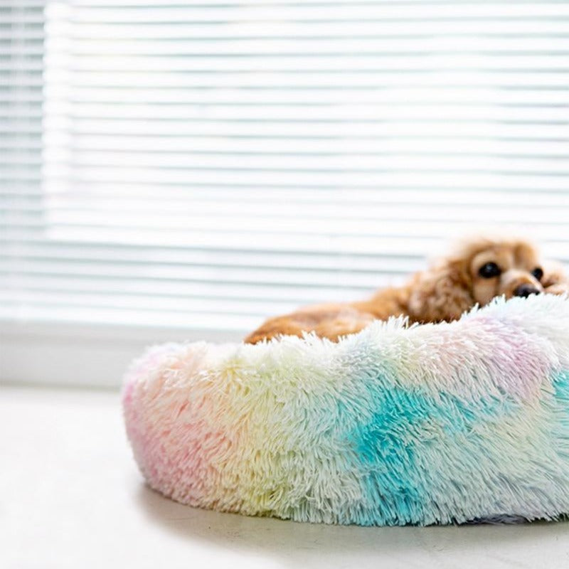 Letti per cani a ciambella extra morbidi e calmanti a forma di arco iris