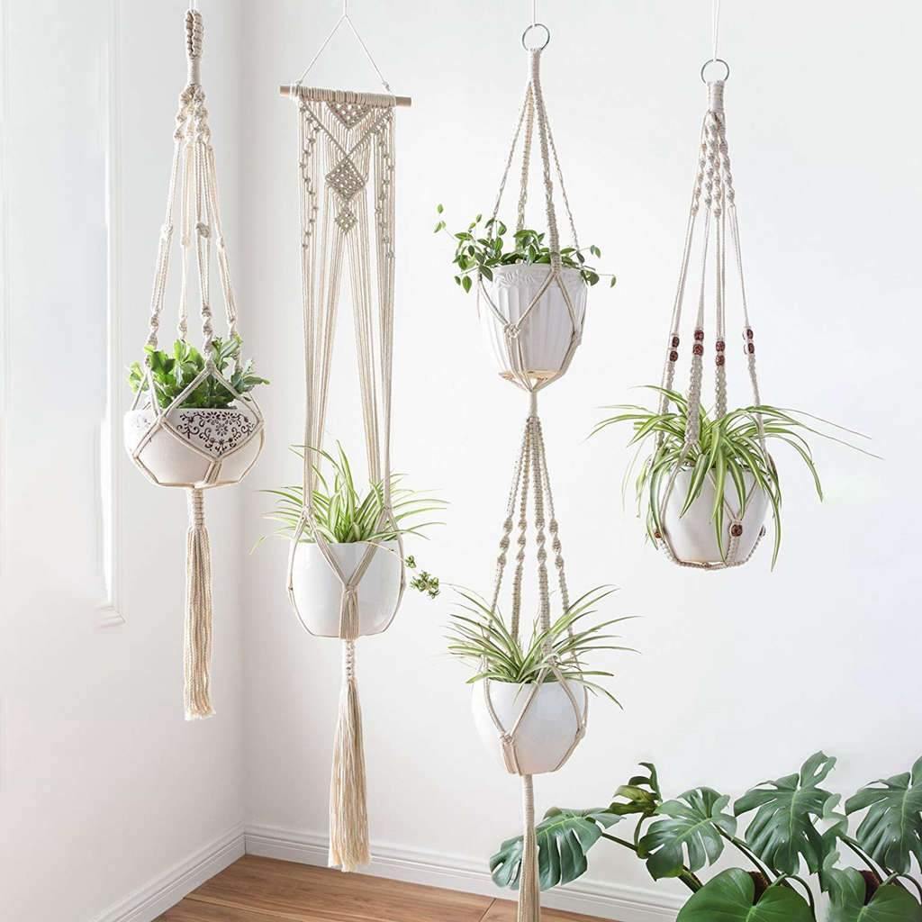 4-delers håndlaget Boho Macrame Plant Hanger Set