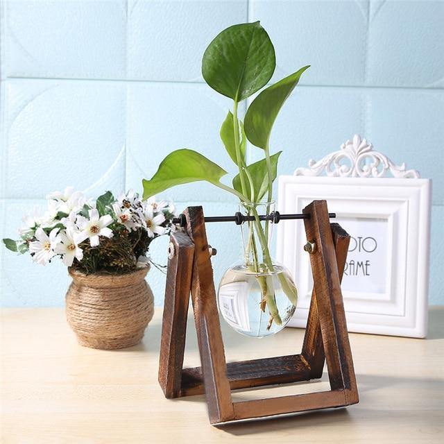 Vase de propagation en verre avec support en bois à cadre en A