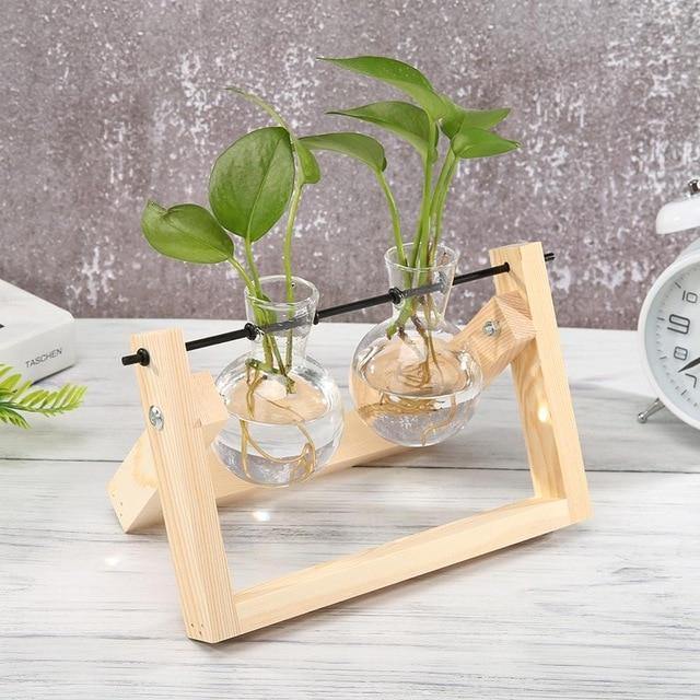 Vase de propagation en verre avec support en bois à cadre en A