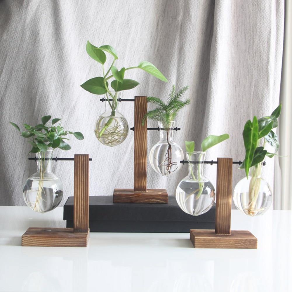 Vase de propagation en verre avec support vertical en bois