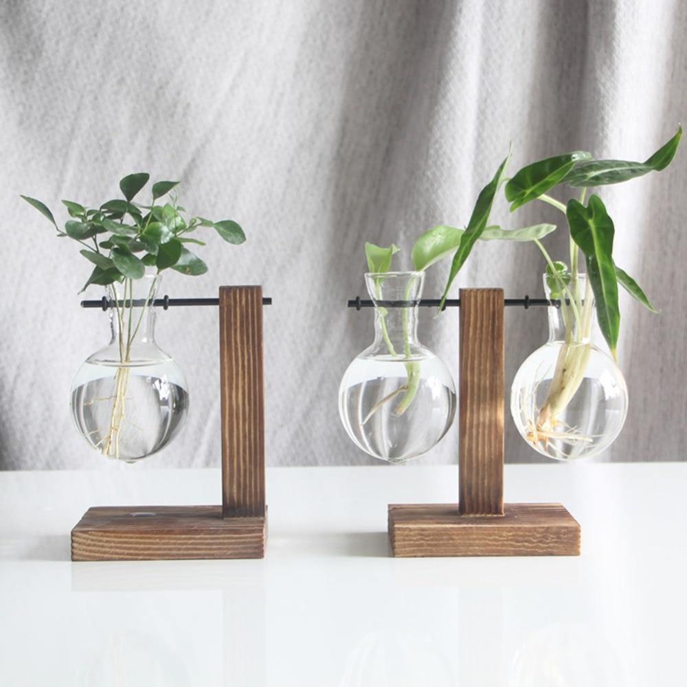 Vase de propagation en verre avec support vertical en bois